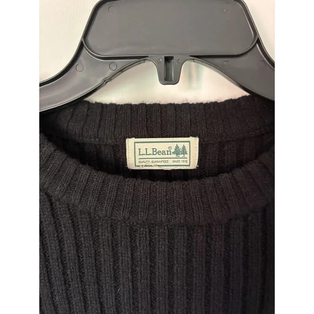 LL Bean Mens Sweater XL Wool Black Ribbed Patches Crew Neck